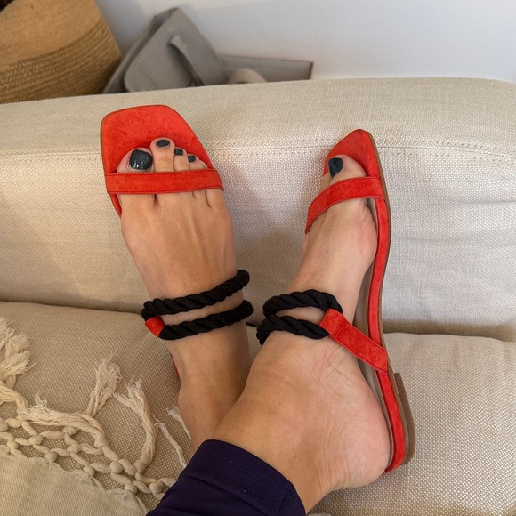 Anthropologie New Howsty Flat Slide Coral Red Suede Black ❤️ Chic size 6.5 to 7 - Picture 5 of 10